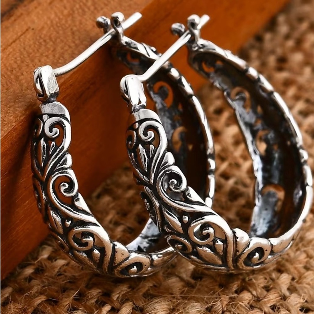 Bali 925 Sterling Silver Filigree Hoop Earrings